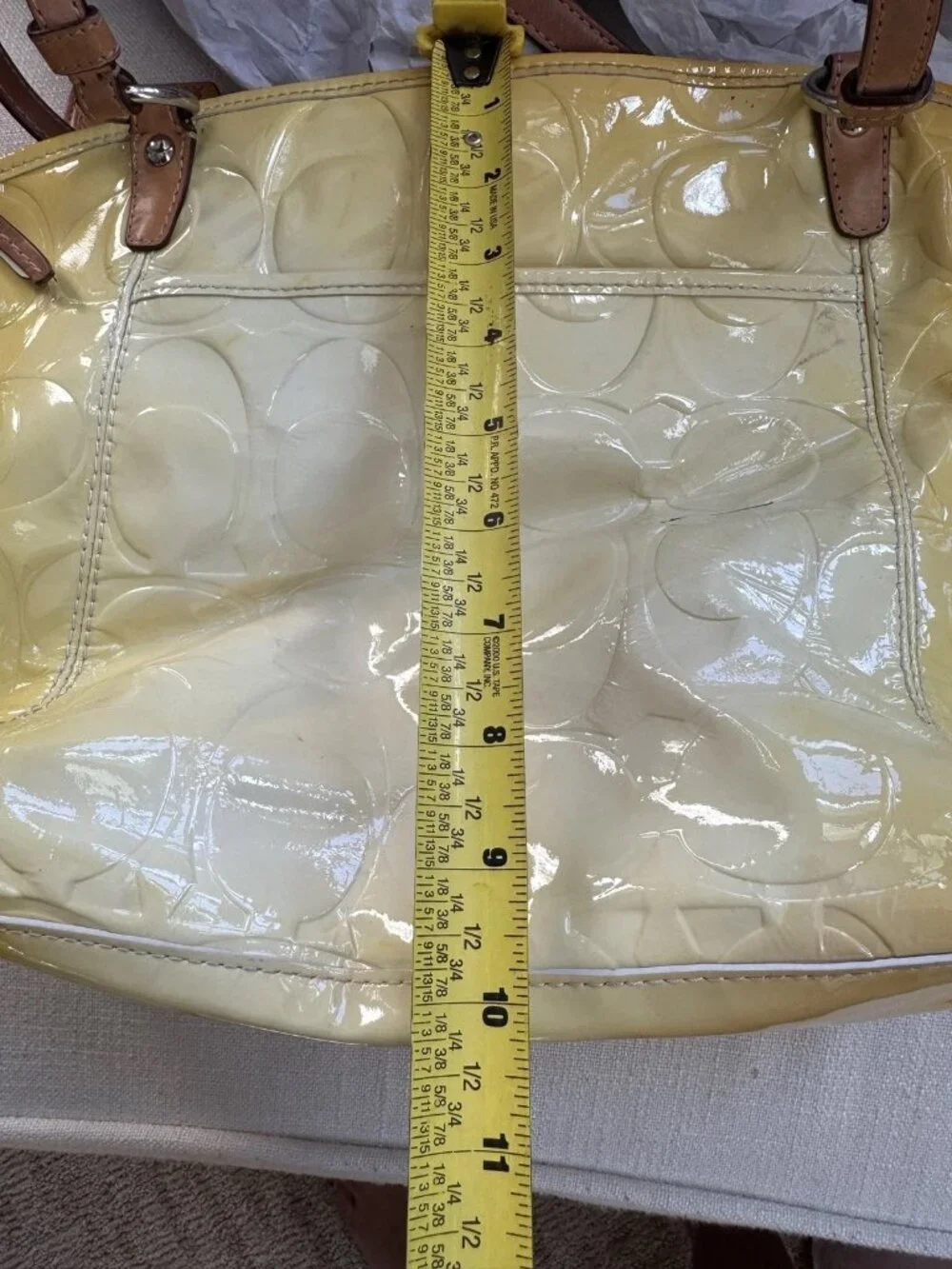 Coach Yellow Brown Leather Shoulder Bag Medium Patent Embossed Logo
